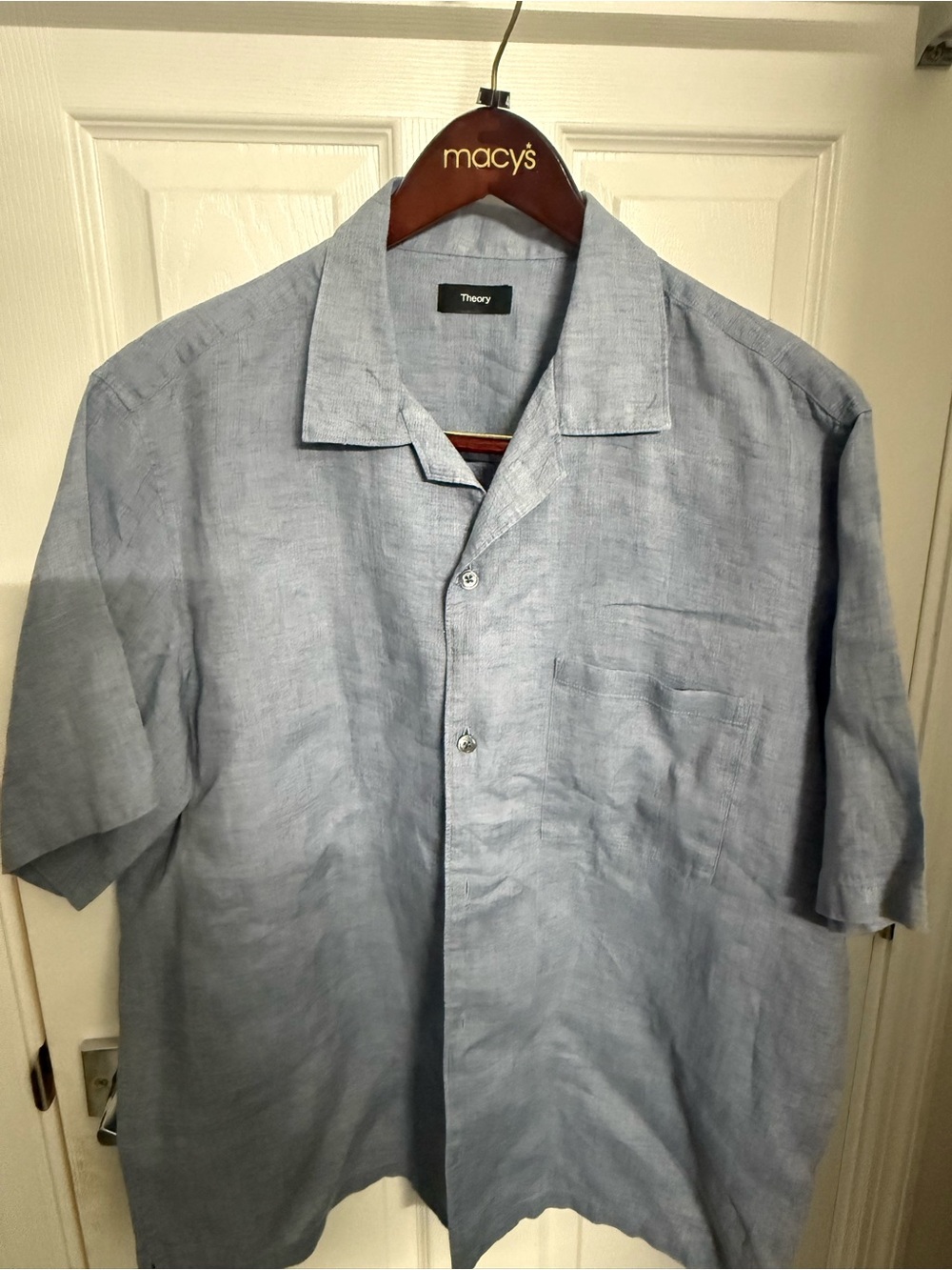 Theory Men's Light Blue Short Sleeve Linen Camp Shirt